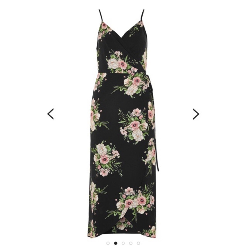 Topshop black pink Floral Wrap Dress romantic feminine Sz 2 summer beach
